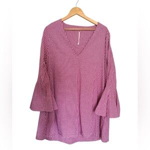 Free People Dress Women’s | Sz Large | Red Gingham | Bell Sleeve | V- Neck |Boho